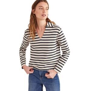 Boden Ivory Notched Collar Blue Striped Cotton Pullover Top